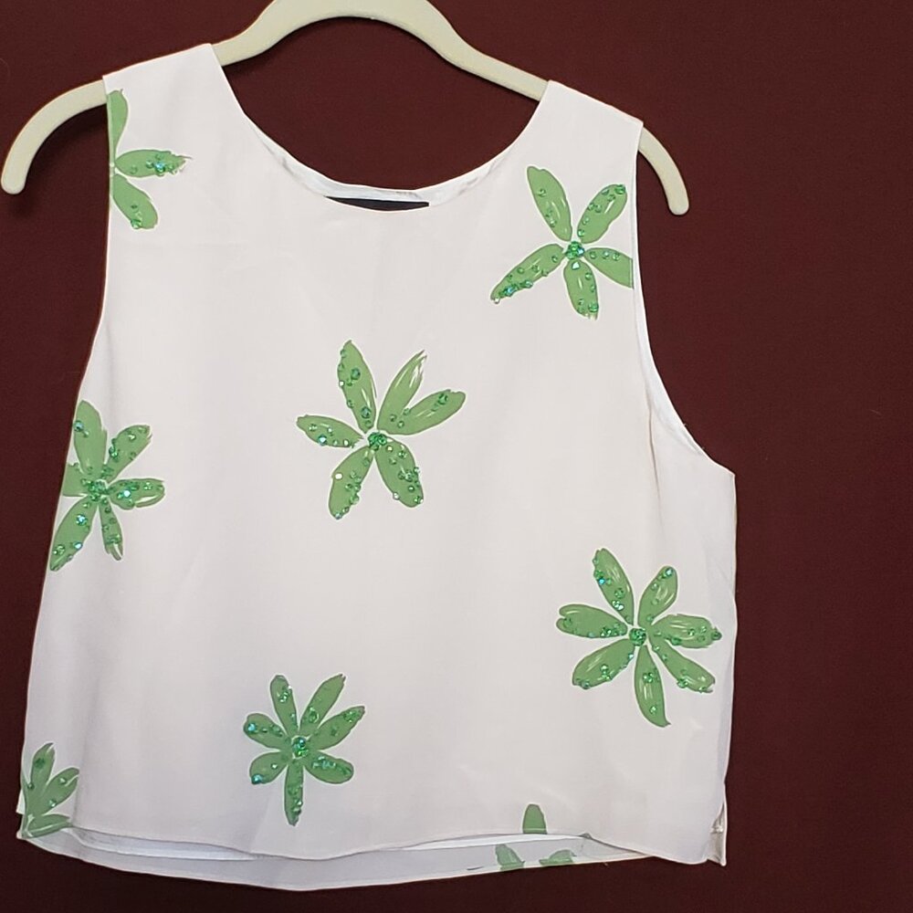 Finity Studio Cream Colored Silk Shell With Green Flowers/Beading